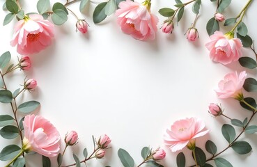 Fototapeta premium Pink roses and eucalyptus branches frame a white background creating delicate floral arrangement. Perfect for invitations cards or spring decor.