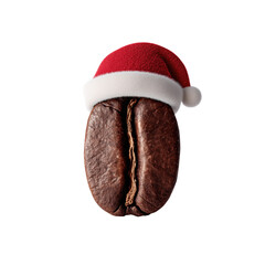 Coffee bean wearing Santa Claus hat isolated on a transparent background, png cutout. New Year and Christmas decoration design for coffee shop and cafe advertisements. 