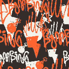 Vector Seamless pixel graffiti pattern with abstract tags, dithered texture. Urban, grunge, playful pixel art style perfect for backgrounds, textiles