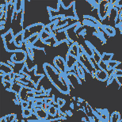Vector Seamless pixel graffiti pattern with abstract tags, dithered texture. Urban, grunge, playful pixel art style perfect for backgrounds, textiles
