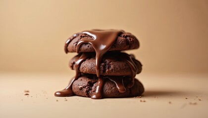 Stack of three chocolate cookies with molten chocolate dripping down. Looks like a decadent dessert treat. Perfect for bakery ads, recipes, or food blogs. This sweet snack.