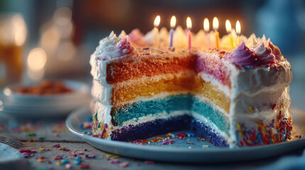 Multi-layer rainbow birthday cake on a white plate, candles glowing, sprinkles at the base. A cut slice showcases vivid texture and color, evoking nostalgia, mindful indulgence, cheerful celebration