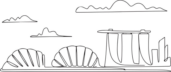 Continuous Line Art Singapore Skyline with Gardens by the Bay Domes in Minimal Contour Outline Style © rs_studios