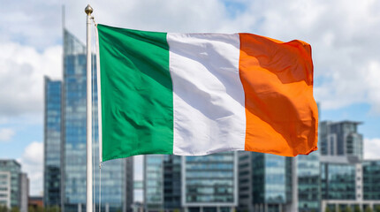 Irish national flag waving in the wind against a modern urban skyline.
