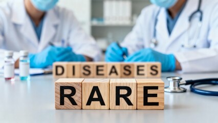 Conceptual image highlighting the focus on rare diseases with wooden blocks while medical professionals work in the background.