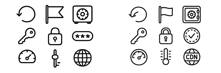 Essential outline icons set for web and app interfaces covering security, settings, and status