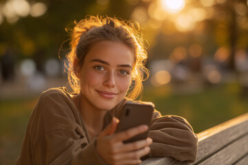 Sunset portrait of a smiling young woman holding a smartphone on a park bench — warm golden-hour backlight, soft bokeh and relaxed vibe