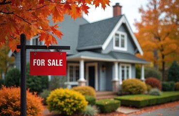 Autumn house with FOR SALE sign. Residential property on street with vibrant fall foliage. Cozy home with gray roof, white columns, red sign. Yard with green grass, orange leaves, colorful bushes.