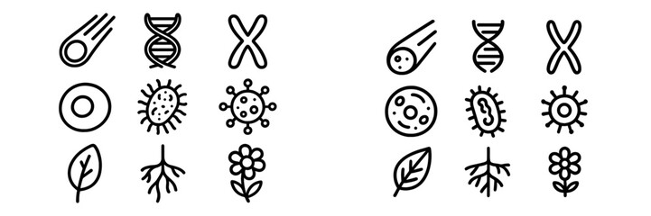 Outline icons of biology, genetics, microbiology, botany, and space elements including DNA, cells, and meteorites © -A/T-