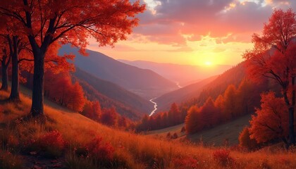 Autumn sunset landscape with vibrant fall foliage in mountain valley. Scenic view of orange trees, rolling hills, river at golden hour. Sunset over mountains with colorful sky, clouds. Fall season