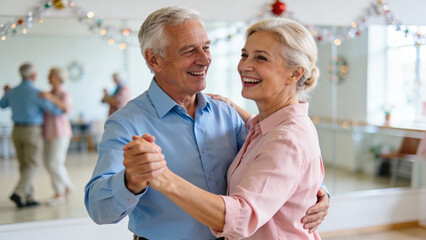Elderly couple dancing and smiling happily in ballroom