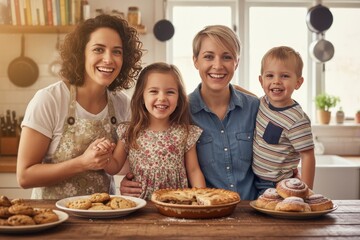LGBT family with a children stand together in a kitchen holding hands while smiling at the camera, surrounded by baked goods and treats on the table during a festive gathering in the morning
