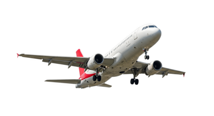 Commercial passenger jet airplane in flight with landing gear extended.