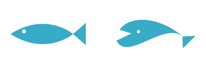 Stylized Abstract Blue Fish and Whale Symbol Sign Icon Set. Vector Image.