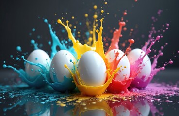 Five white eggs are splashing with vibrant colored liquids. The fluid bursts around them creating dynamic shapes against a dark backdrop. This image conveys a sense of celebration and creativity.