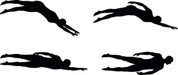 Silhouettes of Divers in Action Swimming Motions in Sequence