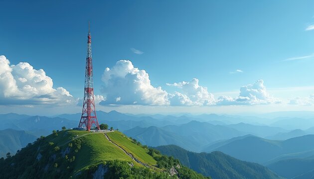 Tall red, white striped tower stands on green hill in mountainous landscape. Blue sky with fluffy clouds provides backdrop to symbol of communication technology. Represents power, connection, natures