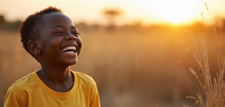 Happy young African boy smiling in a rural field at sunset. Child in a yellow shirt enjoying a sunny day outdoors. Blissful kid with a joyful expression in a natural setting.