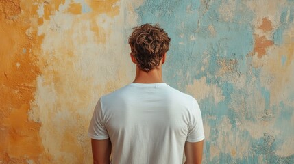 minimalist back view of man in blank t-shirt 