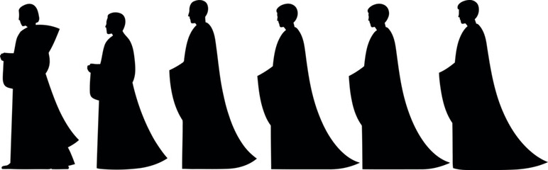 Silhouettes of Monks in Traditional Robes in a Row