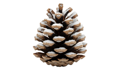 Macro close up of a single pine cone dusted with fresh white snow against a stark for winter holidays