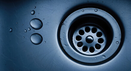 Close up of a metal sink drain with water droplets in a blue toned setting