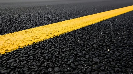Closeup of yellow road line on asphalt highway