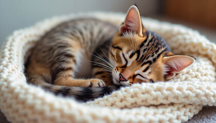 Tabby kitten sleeping peacefully on a soft knitted blanket  