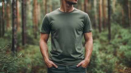 mockup of man in plain olive t-shirt, forest background 