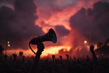 Megaphone silhouette held up by a hand above a large crowd, vibrant dramatic sky and sunset background. Megaphone silhouette in protest scene, speech announcement tool, political rally or concert.