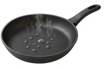 Hot frying pan demonstrating leidenfrost effect with boiling water drops and steam, non-stick cooking surface, transparent background