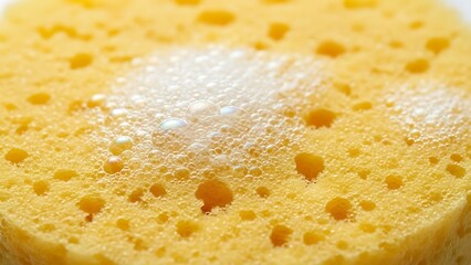 Closeup of yellow sponge with soap bubbles texture