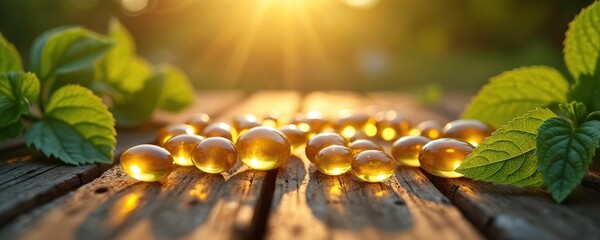 Shiny gold omega-3 capsules sit on aged wood planks with fresh green leaves. Warm sunlight beams across the natural health supplements, promoting wellness and nutrition.