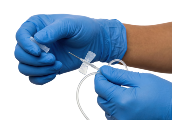 Medical professional hands holding sterile butterfly needle