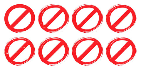 Grunge prohibition sign. Empty prohibition sign, no symbol. Red stop sign vector illustration set. Forbidden sign Art & Illustration