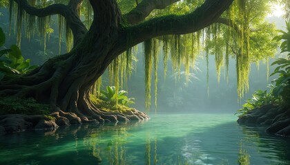 Naklejka premium Large ancient tree with hanging vines over calm turquoise water. Rich green tropical plants grow on mossy roots by serene jungle river bank.
