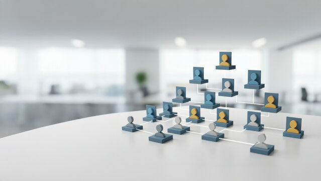 Visualization of a company organization with various roles represented on a table in a modern office environment during the daytime