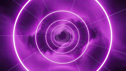 Abstract purple neon tunnel with swirling cloud-like patterns and concentric circles glowing