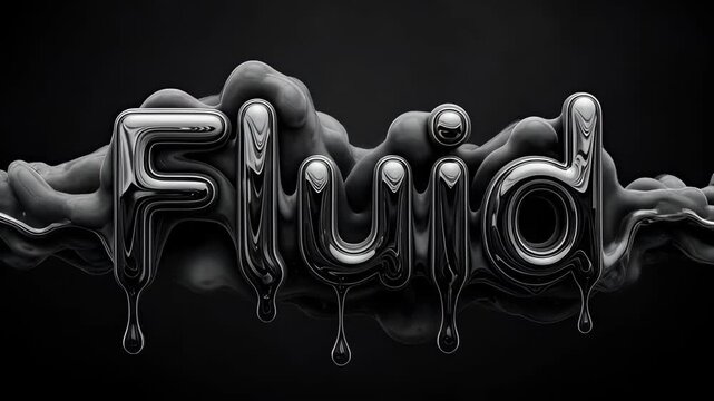 Abstract liquid chrome typography of the word fluid melting and dissolving. Futuristic metallic lettering with a glossy dripping effect for a modern technology concept
