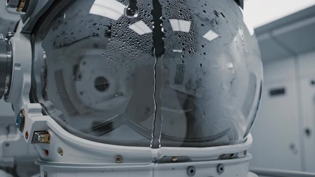 Close-up of an astronaut's helmet with condensation inside, resting on a shelf.