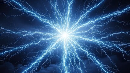 Bright Blue Lightning Strikes Emanating from Center Keywords: blue, lightning, electric, energy, strike, abstract, power, bright, glow, luminous, radiant, dynamic, motion, science, technology