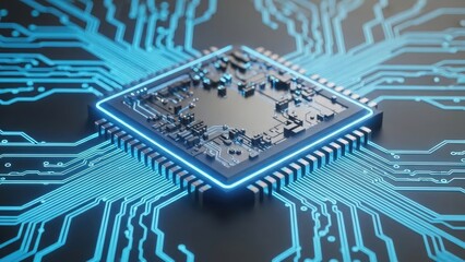 Close-up of a central processing unit chip on a glowing blue circuit board processor microchip