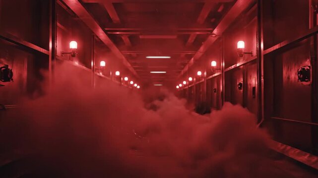 Red emergency smoke filling a dark corridor with flashing lights