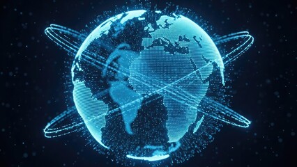 Digital Globe with Orbiting Rings of Light and Particles on Dark Background photo stock