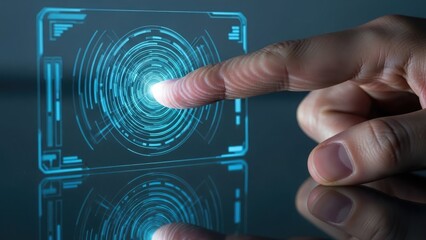 Finger Touching a Futuristic Blue Holographic Interface Keywords: finger, touching, holographic, interface, futuristic, technology, screen, digital, interaction, touch screen, glowing, blue, data