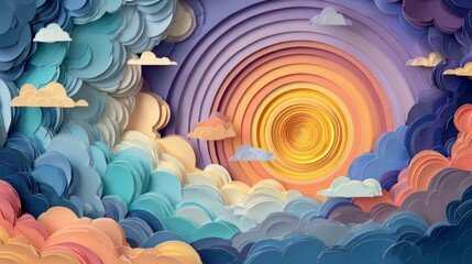 Vibrant paper cut illustration features swirling clouds and a radiant sun, showcasing rich textures and layers, creating a dynamic and artistic atmosphere for visual storytelling