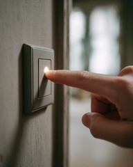Naklejka premium Hand pressing light switch indoors for energy efficiency concept
