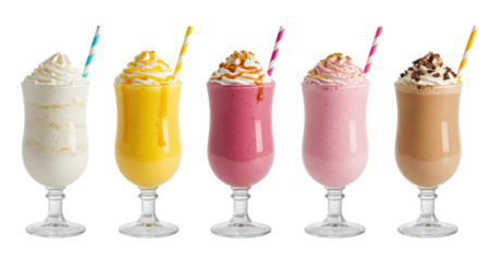 five color-rich gourmet smoothies (mango, mocha, berry, vanilla) in fluted glasses with whipped cream, isolated on white. concept for premium dessert beverages