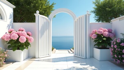 White gate opens to ocean view with pink hydrangeas. Rich green trees frame the bright blue sky and calm sea. Sunny patio space invites peaceful relaxation in this beautiful garden.