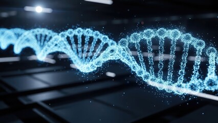Glowing blue DNA double helix structure composed of luminous particles against a dark, textured background